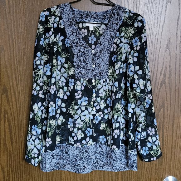 J. JILL Floral Lace Print Button Front Blouse Sheer Long Sleeve Navy Blue Small - Picture 6 of 16